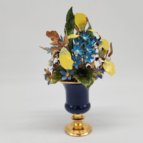 Imperial French Bouquet Enamel Flowers In Blue & Gold Vase Signed Carl Fabergé